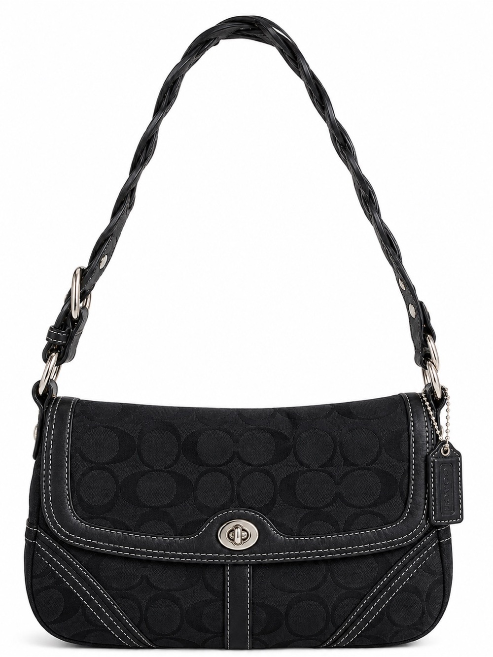 Coach Chelsea Black Signature Flap Canvas Braided Strap Shoulder Bag
